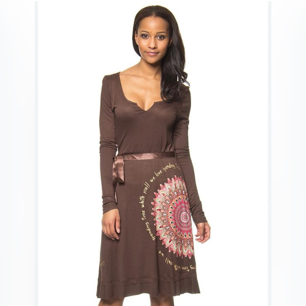 Desigual Brown Bodycon Dress Long Sleeve Mandala Print Stretch Y2k L